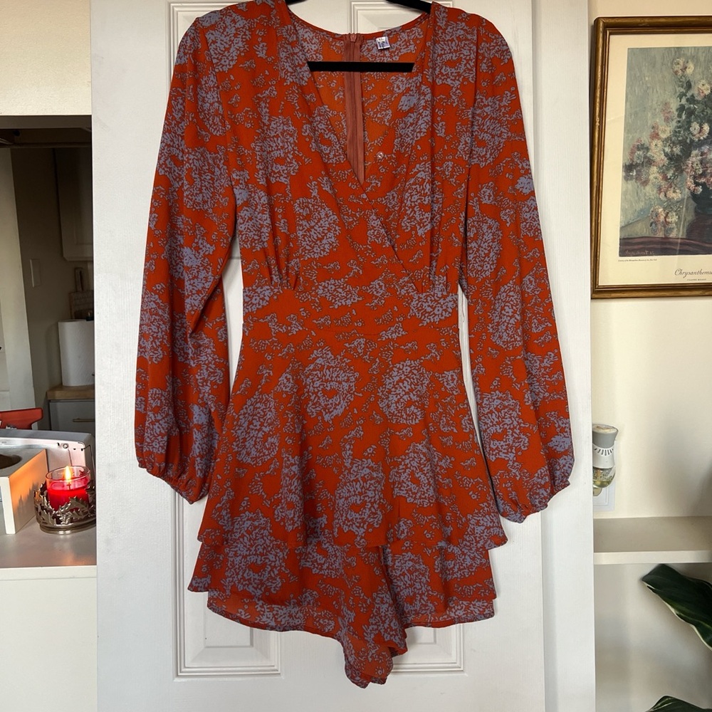 Women's Orange Floral Long-Sleeve V-Neck Dress